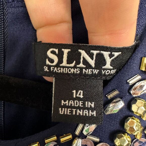 SLNY Midi Dress Womens 14 Dark Navy Blue Embellished Halter Sleeveless Party NWT - Picture 4 of 8